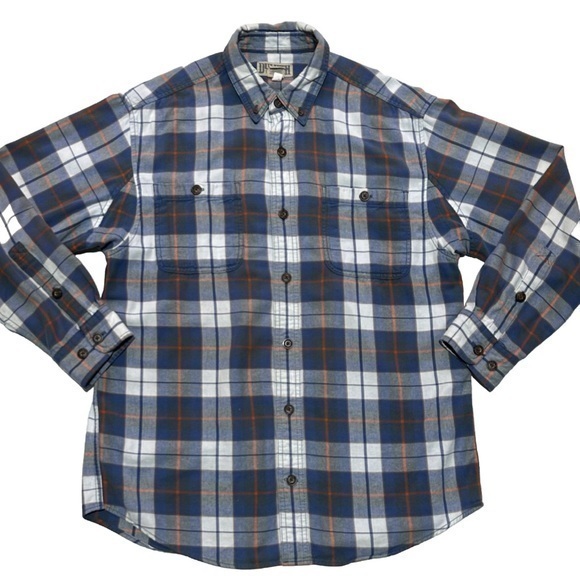 Duluth Trading Co. Trim Fit Blue‎ White Orange Plaid Flannel Shirt Men's Medium - Picture 1 of 4